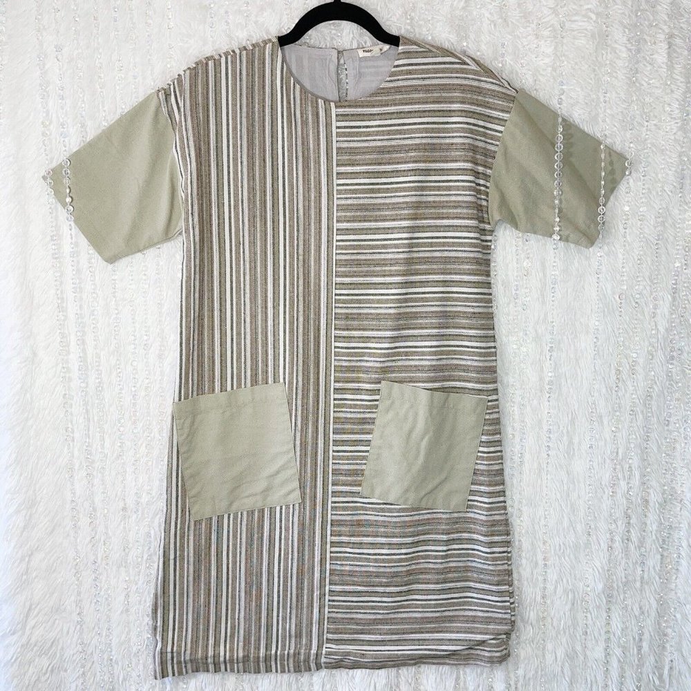 Hidden Alley Linen Blend Dress Size SMALL Beige Brown Stripes Pockets Short Slv